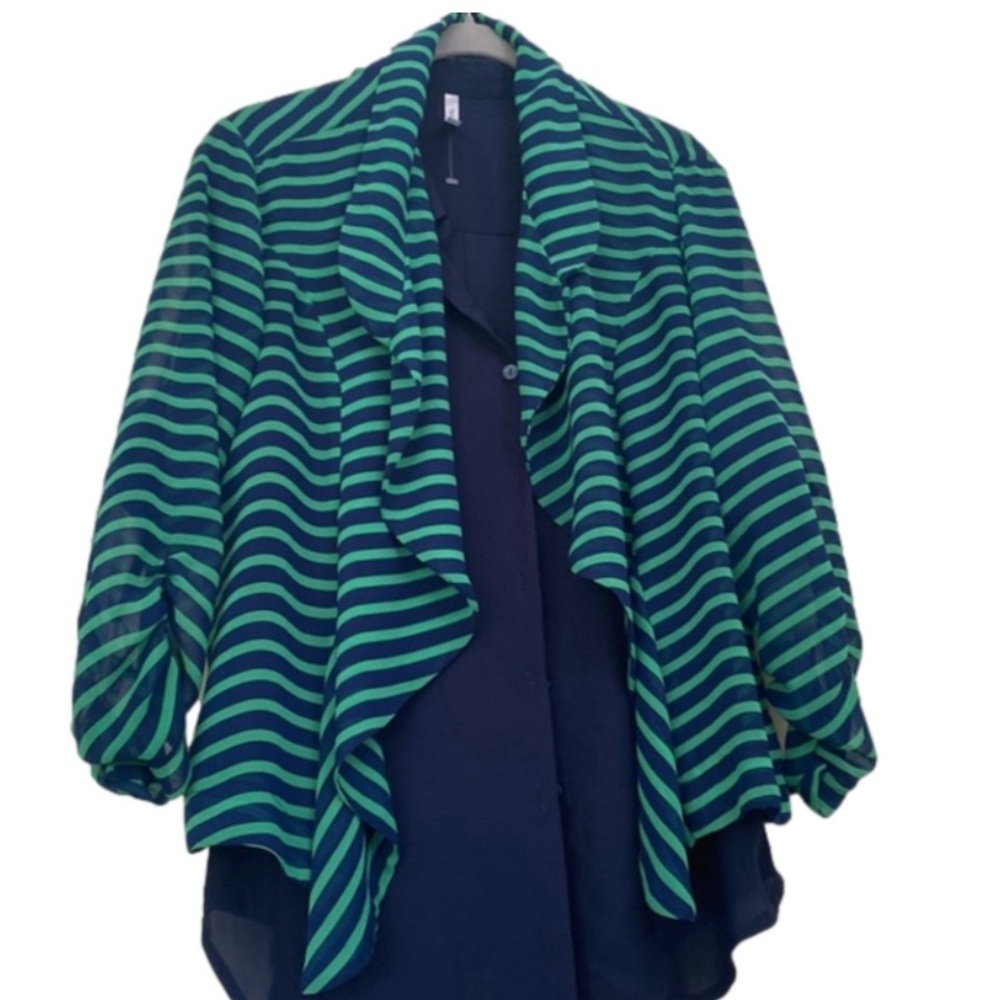 Cruise Cardigan Blousy Style Medium True Green Navy Blue Stripe Travelin Light